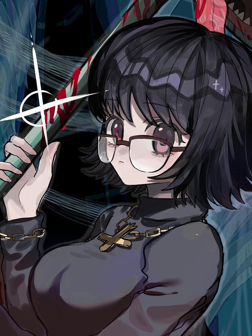 1girl black_hair black_sweater blinky_(hunter_x_hunter) blood breasts cross cross_necklace glasses highres hunter_x_hunter jewelry large_breasts looking_at_viewer medium_hair necklace purple_eyes shizuku_murasaki sweater turtleneck upper_body vacuum_cleaner ziyuuuuuuda