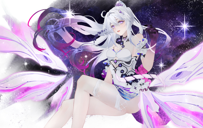 1girl bare_shoulders birthday black_flower blue_eyes chinese_commentary commentary_request dress feet_out_of_frame floating floating_hair flower german_commentary gradient_hair hair_between_eyes hand_up highres honkai_(series) honkai_impact_3rd invisible_chair kiana_kaslana kiana_kaslana_(herrscher_of_finality) lin_yu_jin long_hair mixed-language_commentary multicolored_hair open_mouth purple_hair purple_hands sitting solo space star_(sky) strapless strapless_dress two-tone_hair very_long_hair white_dress white_hair
