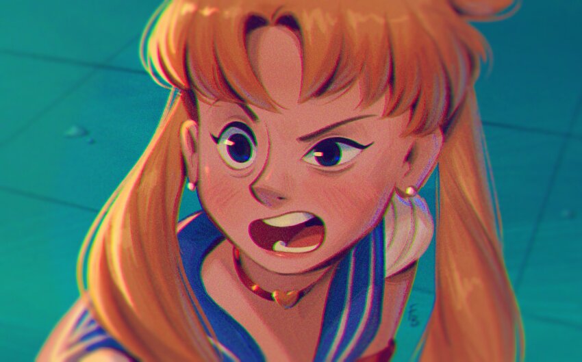 1girl bishoujo_senshi_sailor_moon bishoujo_senshi_sailor_moon_s black_eyes blonde_hair blue_sailor_collar blush choker diadem earrings friedbaens hair_over_shoulder heart heart_choker highres jewelry long_hair meme open_mouth parted_bangs portrait red_choker sailor_collar sailor_moon sailor_moon_redraw_challenge_(meme) solo tsukino_usagi twintails
