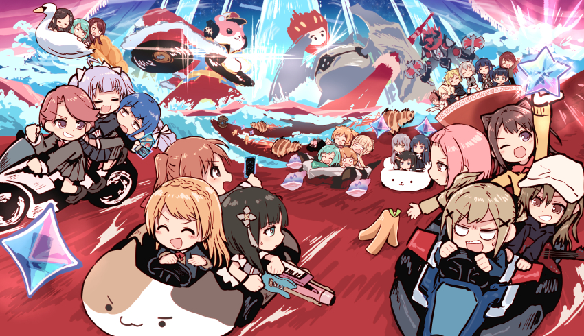 6+girls :3 ;d ^_^ aijou_karen aimoto_rinku animal_ear_headphones animal_ears annotation_request aoba_moca aqua_eyes aqua_hair axe bad_id bad_twitter_id bang_dream! bangs_pinned_back battle_axe bird black_eyes black_hair black_hoodie blank_eyes blazer blonde_hair blue_hair bowl braid brown_eyes brown_hair bullfalk bushiroad card cat_ear_headphones character_request check_commentary check_copyright chibi chocolate_cornet closed_eyes closed_mouth commentary_request company_connection conch copyright_request crossed_arms crown_braid d4dj daiba_nana detached_hair double-sided_axe driving dual_wielding electric_guitar fake_animal_ears flood food go-kart grey_eyes grey_hair grey_jacket grey_skirt grin guitar hair_ornament hanayagi_kaoruko headphones highres hikawa_hina hikawa_sayo holding holding_card hood hoodie ichigaya_arisa instrument isurugi_futaba jacket kagura_hikari kaiju keyboard_(instrument) light_brown_hair long_hair long_sleeves mario_(series) mario_kart michelle_(bang_dream!) minato_yukina miniskirt motor_vehicle motorcycle multiple_girls nintendo o_o on_motorcycle one_eye_closed open_clothes open_jacket open_mouth parody pink_hair pleated_skirt purple_eyes purple_hair record red_hair riding sanpaku school_uniform seishou_music_academy_uniform short_hair shoujo_kageki_revue_starlight skirt smile star_(symbol) swan sweatdrop tamade_chiyu tendou_maya tokyo_tower toyama_kasumi tsuyuzaki_mahiru twintails two_side_up udagawa_tomoe unconventional_vehicle unconventional_weapon v-shaped_eyebrows waves weapon x_hair_ornament