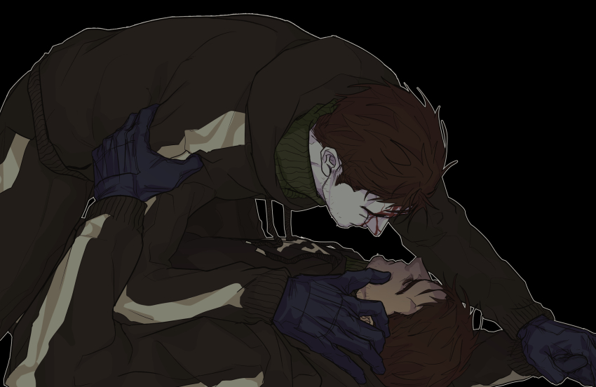 2boys afraid_of_monsters between_legs black_background black_gloves black_hoodie blood_from_forehead boy_on_top brown_hair david_leatherhoff dual_persona gloves hand_on_another&#039;s_arm hand_on_another&#039;s_face highres holding_hands hood hood_down hoodie ju-san kneeling looking_at_another lying male_focus messy_hair multiple_boys on_back on_ground outline pale_skin pinned print_hoodie scar scar_on_face short_hair the_addiction_(afraid_of_monsters) turtleneck upper_body white_outline
