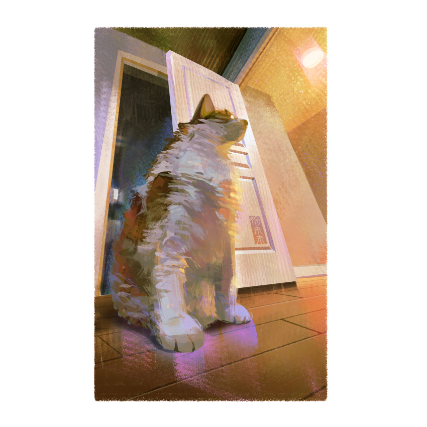absurdres animal animal_focus artist_name border cat commentary dated_commentary english_commentary from_below full_body highres indoors no_humans open_door original realistic sitting solo weiwei_(peevishpants) white_border wooden_floor