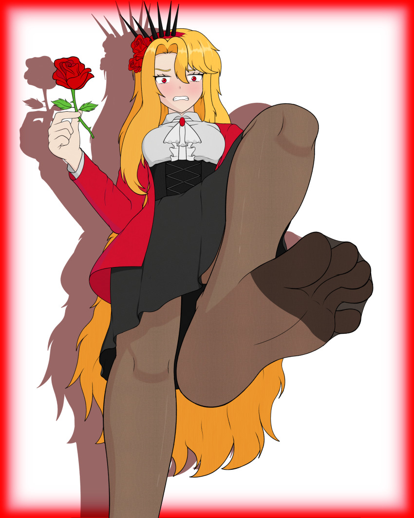 1girl absurdres angry ascot black_corset black_skirt black_spikes blazer blonde_hair blush bodice breasts brown_pantyhose clenched_teeth convenient_censoring corset crimea-kun disgust don_quixote_(project_moon) drawfag dress embarrassed feet flower flower_headwear flower_on_head fluffy_hair foot_focus foot_up frilled_shirt frills from_below grimace hair_between_eyes headpiece highres holding holding_flower jacket knees la_manchaland&#039;s_don_quixote_(project_moon) limbus_company long_hair looking_at_viewer medium_breasts non-web_source pantyhose pleated_skirt project_moon red_blazer red_eyes rose shadow shirt skirt soles solo spiked_headwear spikes teeth thorns toes very_long_hair white_ascot white_background white_shirt