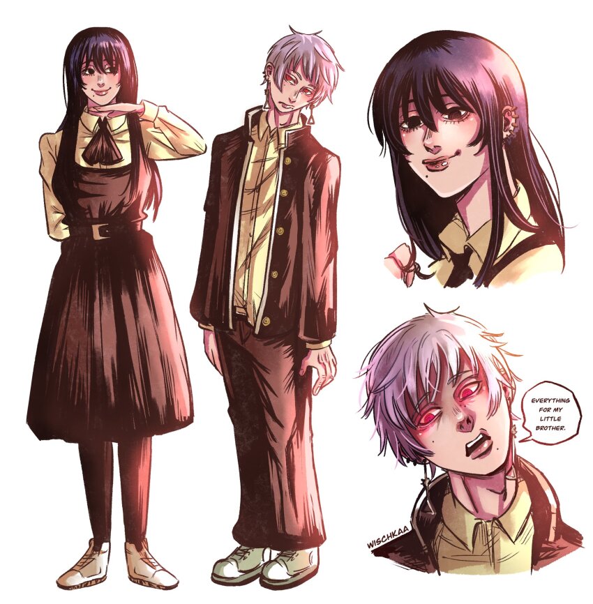 1boy 1girl arm_behind_back black_dress black_eyes black_hair chainsaw_man commentary dress earrings english_commentary fami_(chainsaw_man) fourth_east_high_school_uniform frown gakuran genderswap genderswap_(ftm) genderswap_(mtf) head_tilt highres jacket jewelry lips long_hair mole mole_under_eye mole_under_mouth open_clothes open_jacket pantyhose pinafore_dress pink_hair pleated_dress red_eyes school_uniform shirt sleeveless sleeveless_dress smile wischkaa yellow_shirt yoshida_hirofumi