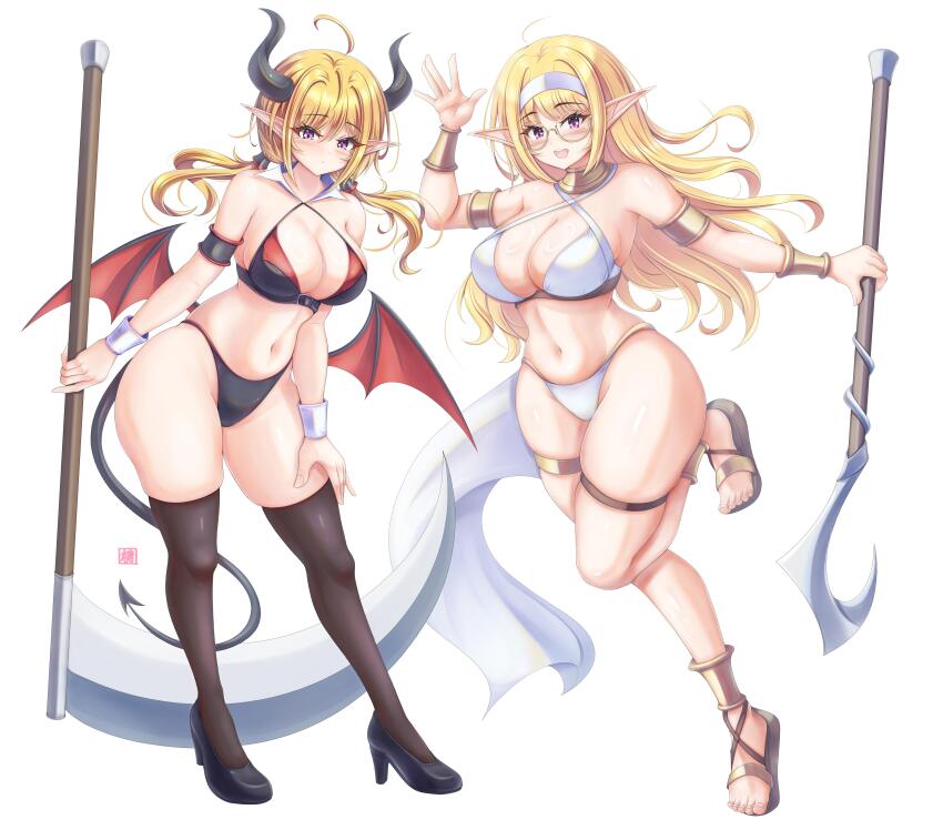2girls absurdres ahoge bikini black_bikini black_pantyhose black_shoes black_thighhighs blonde_hair bracer breasts cleavage closed_mouth commentary_request curvy demon_girl demon_horns demon_tail demon_wings detached_collar elf glasses hair_tubes high_heels highleg highres holding holding_scythe holding_staff horns large_breasts long_hair looking_at_viewer multiple_girls navel open_mouth original pantyhose pointy_ears purple_eyes sandals scythe shoes simple_background smile staff standing swimsuit tail thigh_strap thighhighs thighs toes tong_shui twintails waving white_background white_bikini wings