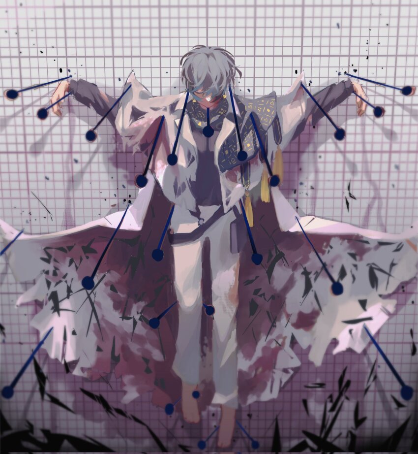 1boy barefoot black_shirt blue_capelet blue_hair blue_scarf capelet closed_eyes coat corrupted_twitter_file gradient_hair grey_hair highres ike_eveland ike_eveland_(1st_costume) insect_pin long_sleeves male_focus multicolored_hair nijisanji nijisanji_en no_gloves pants scarf shirt solo torn_clothes virtual_youtuber white_coat white_pants xu_anshang