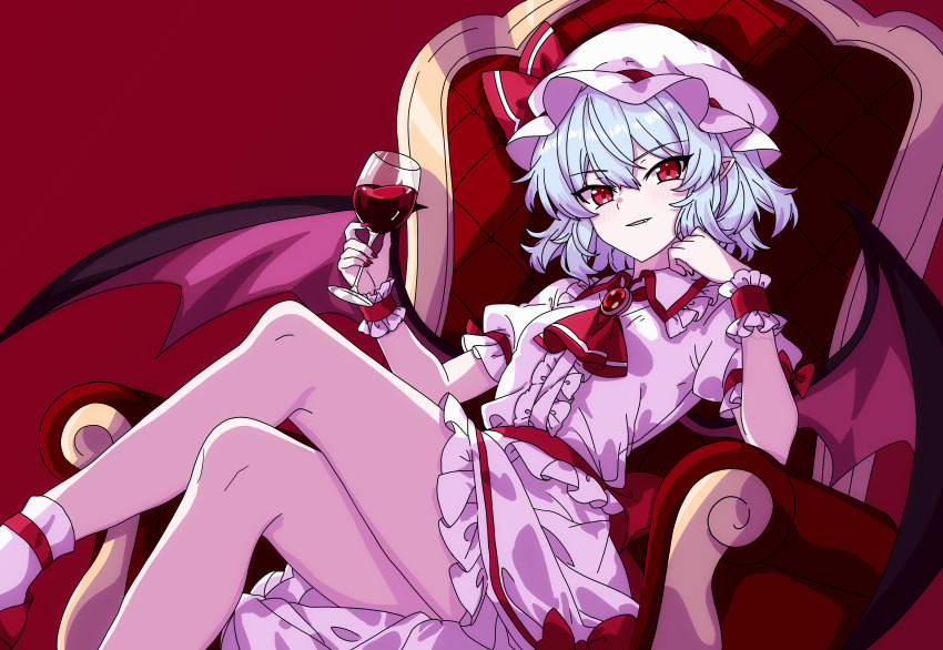 1girl absurdres ambiguous_red_liquid ascot bat_wings blue_hair blush bow breasts brooch collared_shirt commentary crossed_legs cup drinking_glass fang frilled_shirt_collar frilled_skirt frills hat hat_ribbon highres holding holding_cup jewelry looking_at_viewer mob_cap open_mouth pioartstuff pointy_ears puffy_short_sleeves puffy_sleeves red_ascot red_background red_bow red_brooch red_eyes red_nails red_ribbon red_shoes remilia_scarlet ribbon shirt shoes short_sleeves simple_background sitting sitting_on_throne skirt sleeve_bow small_breasts smile socks solo thighs touhou white_hat white_shirt white_skirt white_socks wine_glass wings wrist_cuffs