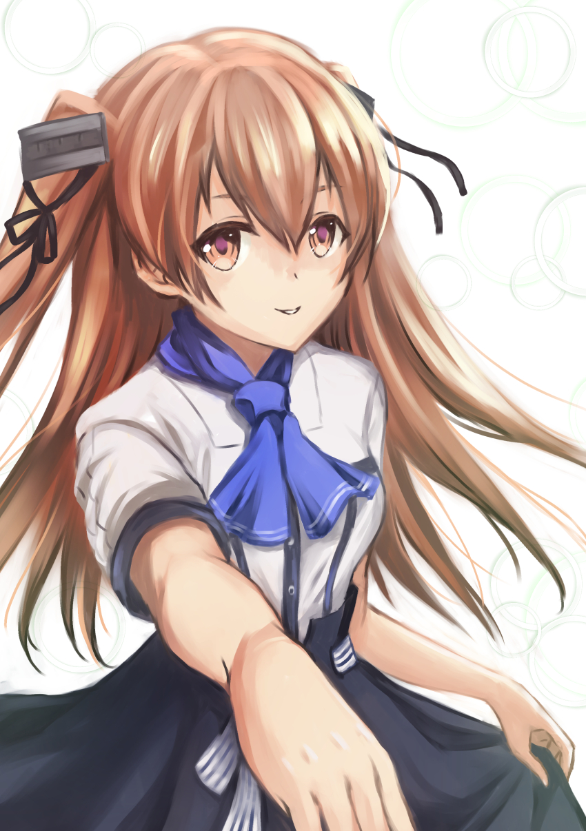 1girl absurdres black_skirt brown_eyes brown_hair hair_ribbon highres johnston_(anniversary)_(kancolle) johnston_(kancolle) kantai_collection long_hair looking_at_viewer official_alternate_costume one-hour_drawing_challenge ribbon shirt shizukuneko simple_background skirt solo two_side_up white_background white_ribbon white_shirt