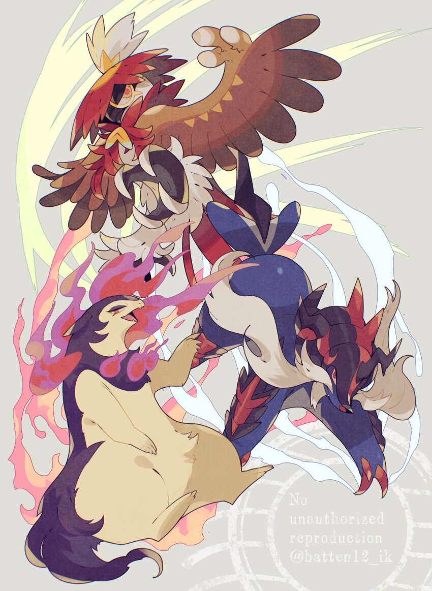 armor claws commentary_request fire highres hisuian_decidueye hisuian_samurott hisuian_typhlosion looking_at_viewer mamebato nintendo no_humans open_mouth pink_eyes pokemon pokemon_(creature) red_eyes smile starter_pokemon_trio twitter_username wings yellow_eyes