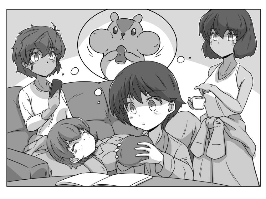 4girls :t bob_cut book bread cellphone closed_eyes closed_mouth clothes_around_waist cup dark-skinned_female dark_skin eating food freckles girls_und_panzer greyscale highres holding holding_cup holding_food holding_phone hoshino_(girls_und_panzer) imagining jumpsuit lap_pillow long_sleeves looking_at_another lying monochrome multiple_girls nakajima_(girls_und_panzer) on_back phone renshiu shirt short_hair sitting smartphone speech_bubble squirrel suzuki_(girls_und_panzer) t-shirt tank_top thought_bubble tsuchiya_(girls_und_panzer)
