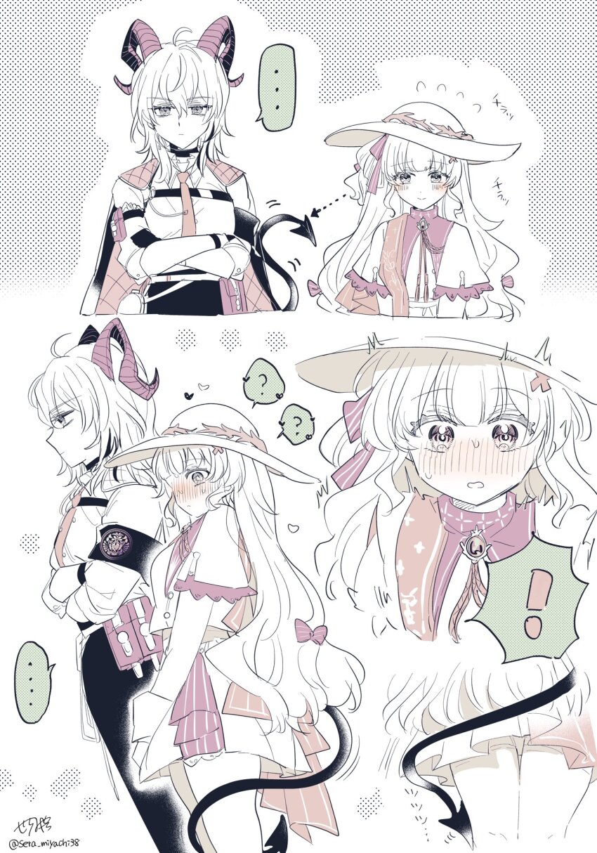 ! ... 2girls ? armband blush choker closed_mouth collared_shirt commentary demon_tail dress flying_sweatdrops frown hair_ribbon hat heart highres horns long_hair miyachi_(tanya_visha) multiple_girls necktie pants phoebe_(wuthering_waves) ribbon shirt smile spoken_ellipsis spoken_exclamation_mark spoken_question_mark sun_hat sweat symbol-only_commentary tail tail_around_another&#039;s_leg tail_wrap wuthering_waves yuri zani_(wuthering_waves)