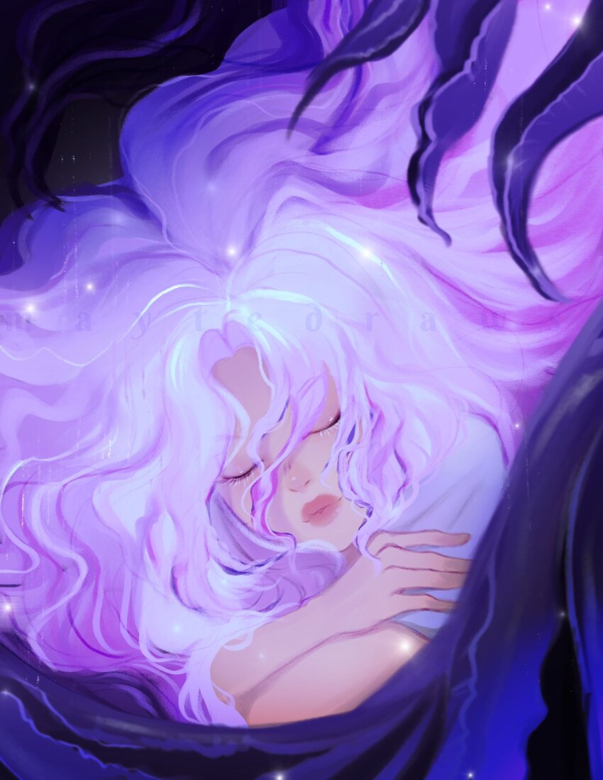 1girl closed_eyes crossed_arms curled_up elden_ring face_in_hair floating_hair hair_between_eyes highres light_particles maytedraws purple_hair purple_theme sleeping st._trina_(elden_ring) wavy_hair