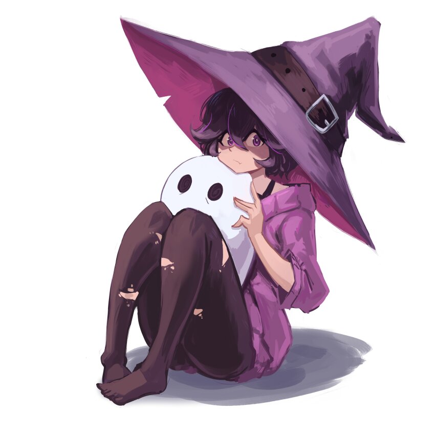 1girl absurdres alternate_costume alternate_hairstyle artist_self-insert black_pantyhose ghost hair_between_eyes hat hat_belt hex_maniac_(pokemon) hex_maniac_(pokemon_rse) highres indie_virtual_youtuber looking_at_viewer messy_hair multicolored_hair nintendo oversized_hat pantyhose pokemon pokemon_rse purple_eyes purple_hair purple_hat ronillust simple_background solo streaked_hair torn_clothes torn_pantyhose virtual_youtuber white_background witch_hat