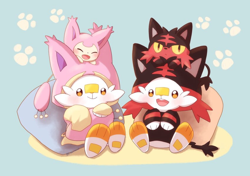 blush closed_eyes clothed_pokemon gen_3_pokemon gen_7_pokemon gen_8_pokemon gokuaku_rabbit hat highres litten nintendo no_humans on_head open_mouth orange_eyes pillow pokemon pokemon_(creature) scorbunny simple_background skitty smile