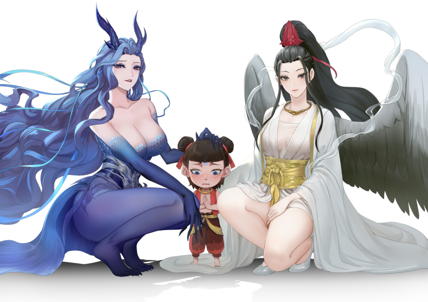 1boy 2girls ao_bing_(nezha_zhi_motong_jiangshi) ao_run_(nezha_zhi_motong_jiangshi) bird_girl black_wings blue_hair bozaigao_x breasts cleavage colored_skin double_bun dragon_girl dragon_horns dress feathered_wings forehead hair_bun hand_on_another&#039;s_head hetong_(nezha_zhi_motong_jiangshi) high_ponytail highres horns long_hair looking_at_viewer multiple_girls nezha_(nezha_zhi_motong_jiangshi) nezha_zhi_motong_jiangshi ponytail sarong simple_background smile squatting wavy_hair white_background white_dress wide_sleeves wings