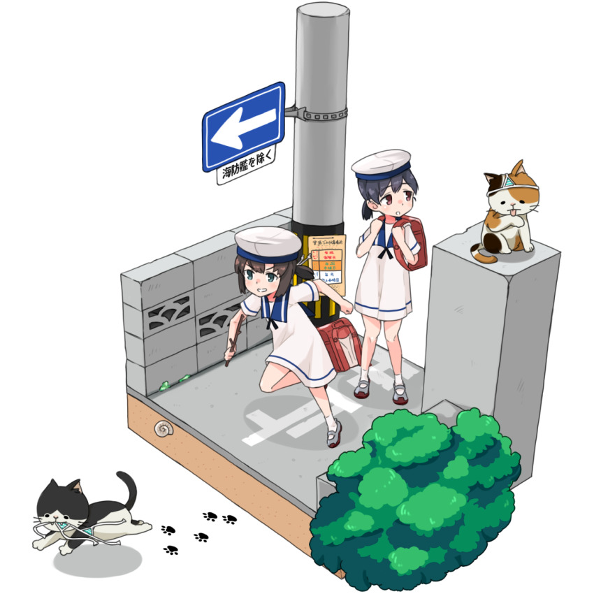 2girls 2others alakoala backpack bag black_hair blue_sailor_collar bob_cut brown_eyes bush cat clothes_theft daitou_(kancolle) dress hat hiburi_(kancolle) high_ponytail highres isometric kantai_collection low_ponytail multiple_girls multiple_others paw_print pole ponytail randoseru road running sailor_collar sailor_dress sailor_hat shoes short_hair short_sleeves sidelocks sign simple_background standing street swimsuit_theft theft uwabaki wall white_background white_dress white_headwear white_legwear