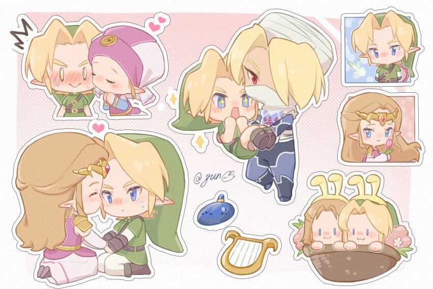 +_+ 0_0 2boys 3girls :&gt; :3 animal_ears basket blonde_hair blue_eyes blush bunny_hood_(zelda) carrying chibi circlet commentary dress dual_persona elbow_gloves flower gloves green_headwear harp hat heart hetero highres instrument kiss kissing_cheek light_brown_hair link multiple_boys multiple_girls multiple_persona navi nintendo ocarina pink_dress pink_flower pink_tulip pointy_ears princess_carry princess_zelda rabbit_ears red_eyes sheik sitting sparkle sweat symbol-only_commentary the_legend_of_zelda the_legend_of_zelda:_ocarina_of_time tulip wariza young_link young_zelda yun_(dl2n5c7kbh8ihcx)