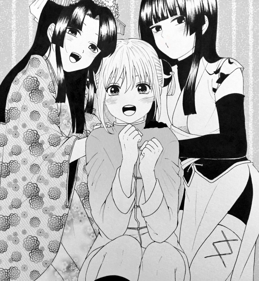 3girls :d black_hair blunt_bangs blush bun_cover chinese_clothes double_bun female_focus gintama greyscale hair_bun hair_ornament highres imai_nobume japanese_clothes kagura_(gintama) karinto4cham kimono long_hair monochrome multiple_girls open_mouth short_hair sidelocks smile striped_background thighhighs tokugawa_soyo wide_sleeves zettai_ryouiki