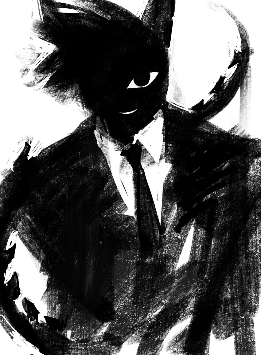 1boy commentary_request formal_clothes greyscale highres horns kakke666 korean_commentary looking_at_viewer male_focus monochrome necktie original short_hair simple_background solo suit tail upper_body white_background
