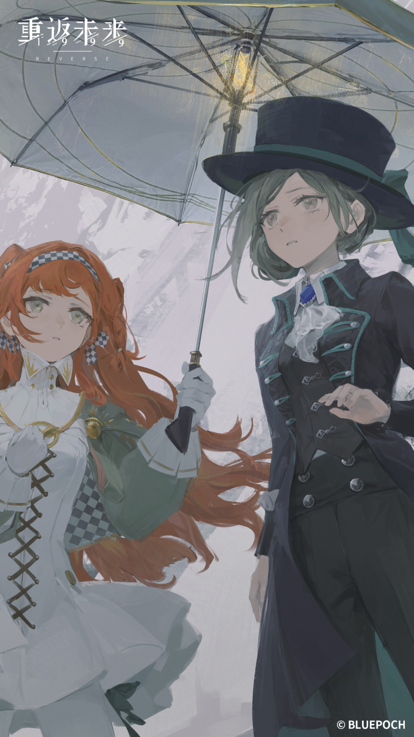 2girls absurdres ascot black_coat black_hat black_pants black_vest blue_bow boater_hat bow checkered_hairband coat collared_shirt copyright_name copyright_notice cowboy_shot dress equilibrium_umbrella gloves green_eyes grey_background grey_cloak grey_eyes grey_hair grey_sleeves hair_bun hairband hands_up hat hat_bow highres holding holding_umbrella light_bulb logo long_hair looking_up multiple_girls official_art official_wallpaper orange_hair pants pants_under_dress parted_lips reverse:1999 shirt short_dress short_hair single_side_bun sonetto_(reverse:1999) two_side_up umbrella vertin_(reverse:1999) vest waistcoat white_ascot white_dress white_gloves white_pants white_shirt