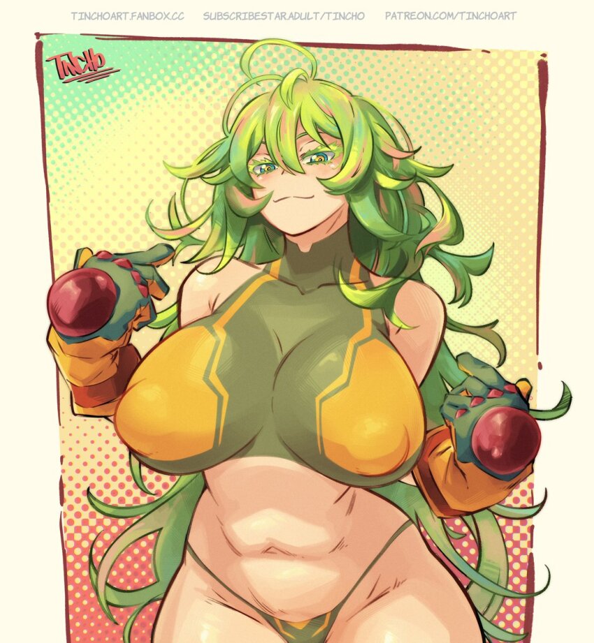 1girl artist_name bikini boku_no_hero_academia breasts closed_mouth covered_erect_nipples gloves green_bikini green_eyes green_gloves hagakure_toru highres huge_breasts long_hair multicolored_bikini navel pink_streaks pointing pointing_at_self solo swimsuit tincho_art two-tone_bikini very_long_hair yellow_bikini