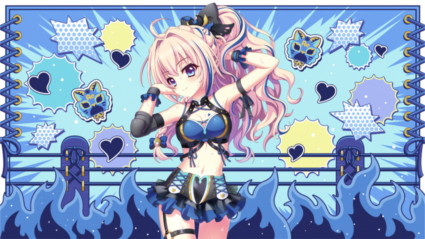 1girl ahoge alternate_hairstyle arm_ribbon armpits bare_shoulders black_bow black_choker black_garter_straps black_ribbon black_shorts black_skirt black_sleeves black_wrist_cuffs blonde_hair blue_background blue_bow blue_eyes blue_hair blue_skirt blue_theme bow braid breast_tattoo breasts choker cleavage closed_mouth crop_top cross-laced_clothes crown_braid detached_sleeves dot_nose film_grain fire game_cg garter_straps hair_bow hair_intakes hair_up halftone hand_in_own_hair heart heart_tattoo high_ponytail izumi_tsubasu long_braid long_hair looking_at_viewer medium_breasts midriff mole mole_under_each_eye mole_under_eye multicolored_hair multiple_moles navel non-web_source official_art ponytail re:stage! ribbon shiratori_amaha_(re:stage!) shorts sideways_glance single_detached_sleeve skirt smile solo streaked_hair sweat tattoo two-tone_hair wrestling_mask wrestling_outfit wrestling_ring wrist_cuffs