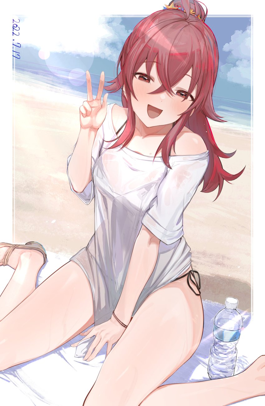 1girl absurdres bare_legs bikini bikini_under_clothes black_bikini blush bottle bra_visible_through_clothes commentary_request dated highres idolmaster idolmaster_shiny_colors karya komiya_kaho lens_flare looking_at_viewer mat outdoors photo_(object) red_eyes red_hair sandals shirt side-tie_bikini_bottom side-tie_peek sitting smile solo swimsuit w wariza water_bottle white_shirt