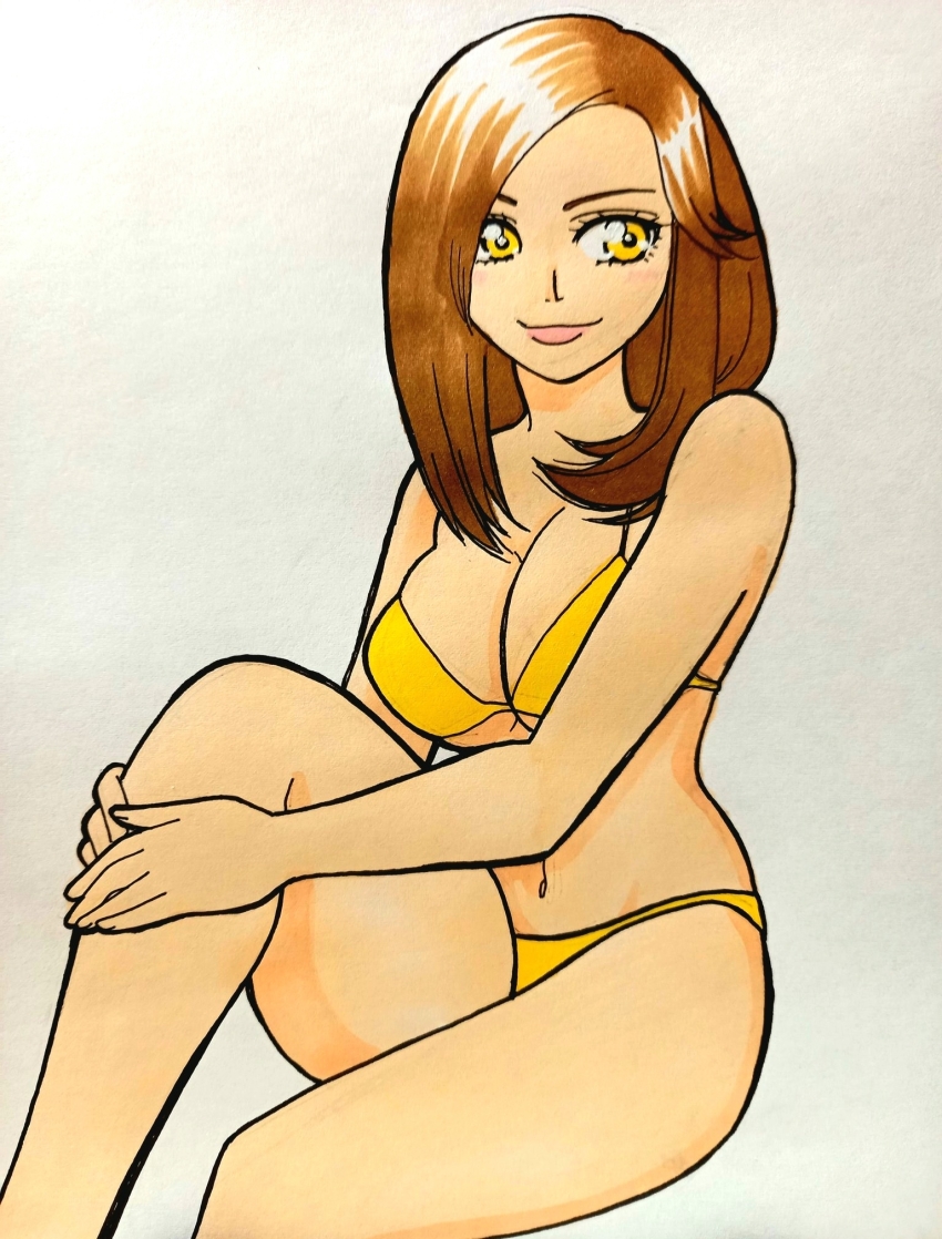 1girl bikini breasts brown_hair cleavage highres kaizoku_sentai_gokaiger kwai_chi luka_millfy medium_breasts super_sentai swimsuit yellow_eyes
