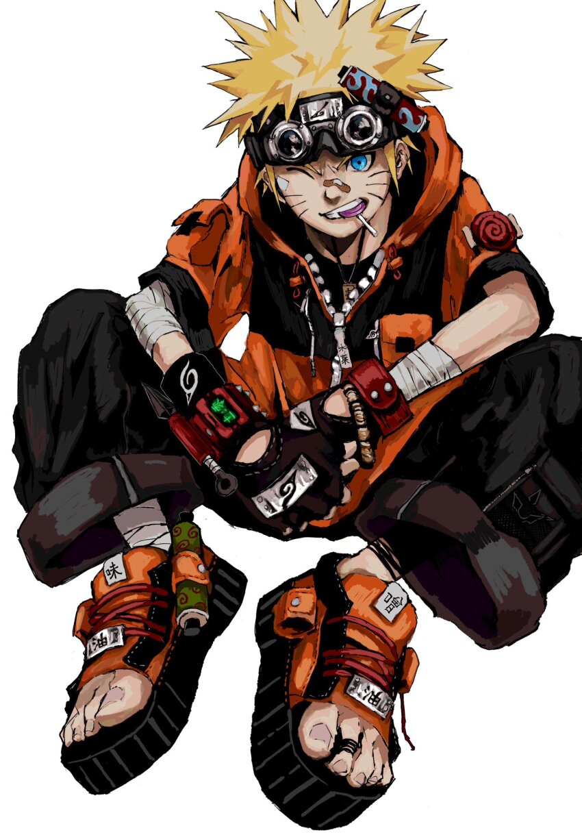 1boy adapted_costume bandaged_arm bandaged_leg bandages bandaid bandaid_on_cheek bandaid_on_face bandaid_on_nose black_gloves black_jacket black_pants blonde_hair blue_eyes bracelet commentary english_commentary facial_mark fingerless_gloves gloves goggles goggles_on_head grin highres hood hood_down hooded_jacket jacket jewelry konohagakure_symbol lollipop_in_mouth male_focus multicolored_jacket naruto_(classic) naruto_(series) necklace nu_punxxxz orange_jacket orange_shoes pants platform_sandals sandals shirt shoes short_hair short_sleeves simple_background sitting smile solo spiked_hair two-tone_jacket uzumaki_naruto v-shaped_eyebrows whisker_markings white_background wristband