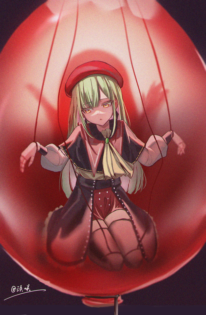 1girl 2091966 absurdres artist_name ascot balloon bang_dream! bang_dream!_it&#039;s_mygo!!!!! beret black_capelet black_pantyhose capelet commentary_request doll_joints green_hair hat highres in_bubble jewelry joints kneeling mortis_(bang_dream!) mortis_(costume)_(bang_dream!) pantyhose puppet puppet_strings red_hat red_shorts see-through_clothes see-through_sleeves shorts solo wakaba_mutsumi yellow_eyes