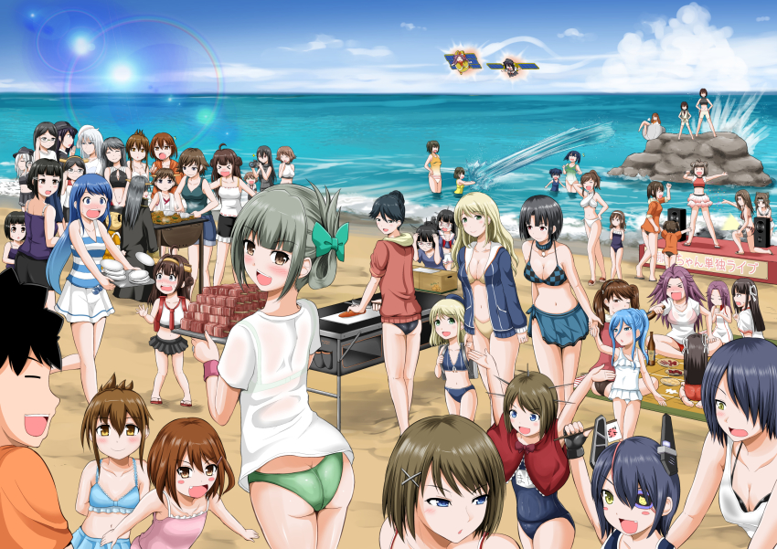 &gt;_&lt; 1boy 6+girls :d ^^^ ^_^ aged_down aged_up ahoge akatsuki_(kancolle) akatsuki_(spacecraft) alternate_costume antenna_hair aoki_hagane_no_arpeggio ass atago_(kancolle) backpack bag beach black_hair black_skirt blonde_hair blue_hair blush blush_stickers bow bra breasts brown_hair butt_crack camera choukai_(kancolle) cleavage closed_eyes commentary_request cosplay day double_bun eyepatch fang flat_cap flip-flops folded_ponytail glasses green_bow grey_hair hair_bow hair_bun hair_ornament hairclip haruna_(aoki_hagane_no_arpeggio) haruna_(aoki_hagane_no_arpeggio)_(cosplay) haruna_(kancolle) hat hayabusa_(spacecraft) hayabusa_(spacecraft)_(cosplay) headgear headphones hibiki_(kancolle) hiei_(kancolle) high_ponytail highres hiryuu_(kancolle) holding_hands houshou_(kancolle) hyuuga_(aoki_hagane_no_arpeggio) hyuuga_(kancolle) ikazuchi_(kancolle) inazuma_(kancolle) jewelry jintsuu_(kancolle) jun&#039;you_(kancolle) kantai_collection kirishima_(kancolle) kongou_(kancolle) lens_flare long_hair maya_(kancolle) medium_breasts microphone multiple_girls mutsu_(kancolle) nagato_(kancolle) naka_(kancolle) name_tag neckerchief nose_blush ocean one-piece_swimsuit open_mouth outdoors oversized_clothes pleated_skirt ponytail randoseru ring ryuujou_(kancolle) samidare_(kancolle) sand sandals school_swimsuit school_uniform see-through_clothes sendai_(kancolle) serafuku short_hair side_ponytail sitting skirt small_breasts smile souryuu_(jmsdf) souryuu_(kancolle) sparkle sweat swimsuit takao_(aoki_hagane_no_arpeggio) takao_(kancolle) tenryuu_(kancolle) twintails underwear verniy_(kancolle) water wedding_band xd yano_toshinori yuubari_(kancolle)
