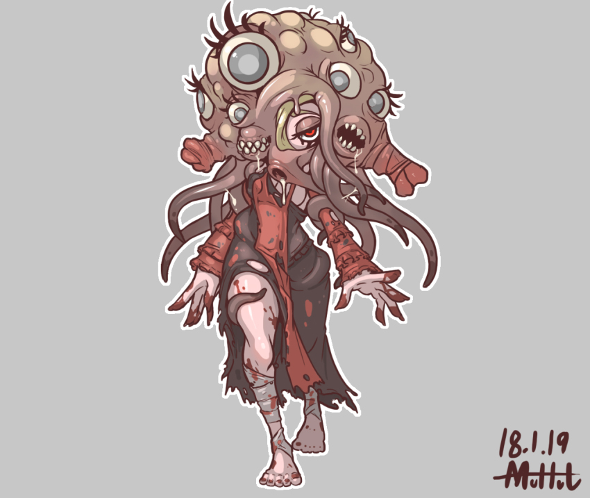 2018 black_dress blonde_hair blood blood_on_clothes blood_on_hands blood_on_leg bloodborne blue_eyes breasts commentary_request dark_skin dress drooling eldritch_abomination extra_eyes extra_mouth flesh full_body grey_background grey_pupils korean_commentary looking_at_viewer medium_breasts monster_girl muhut nail_polish original outline personification red_eyes saliva saliva_trail sharp_teeth side_slit suggestive_fluid teeth tentacle_hair tentacles tongue tongue_out torn_clothes walking white_outline winter_lantern