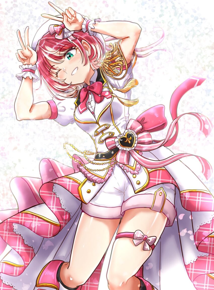 1girl colored_inner_hair double_v highres idol_clothes idolmaster idolmaster_va-liv kekewan multicolored_hair red_hair short_hair streamers tomori_manaka two-tone_hair v virtual_youtuber