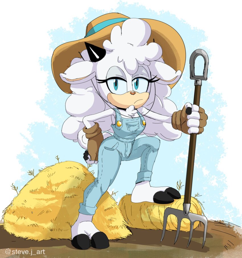 1girl annoyed barefoot blue_overalls farming_clothes fingerless_gloves floppy_ears fluffy full_body gloves hat highres lanolin_the_sheep overalls sheep sonic_(series) sonic_the_hedgehog_(idw) steve_j_art