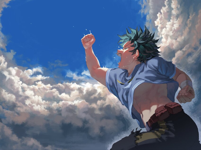 1boy absurdres adam&#039;s_apple arm_up bandaged_wrist bandages belt bh20647 blue_shirt boku_no_hero_academia cloud day fallstreak_hole floating_clothes freckles from_below green_eyes green_hair half-closed_eyes highres male_focus midoriya_izuku open_mouth outdoors punching shirt short_hair sky solo sweat tears teeth utility_belt