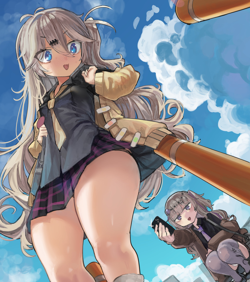 2girls bag black_panties black_shirt black_skirt blonde_hair blue_eyes blunt_bangs blush breasts brown_hair brown_jacket cellphone cloud cloudy_sky dutch_angle embarrassed fang feet_out_of_frame from_below full-face_blush hair_between_eyes hair_ornament hairpin highres jacket kasukabe_tsumugi long_hair meimei_himari messy_hair microa miniskirt multiple_girls necktie open_mouth outdoors panties phone plaid_clothes plaid_skirt purple_eyes shirt shoulder_bag skirt sky small_breasts smartphone socks solo_focus squatting surprised taking_picture thick_thighs thighhighs thighs underwear underwear_peek very_long_hair voicevox voyeurism wardrobe_malfunction white_panties yellow_necktie