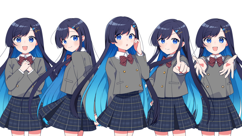 1girl :d :o arm_behind_back binchou_maguro blue_eyes blue_hair blue_skirt bow bowtie buttons cevio closed_mouth colored_inner_hair commentary_request cowboy_shot double-breasted futaba_minato grey_jacket hand_up highres index_finger_raised jacket long_hair long_sleeves looking_at_viewer multicolored_hair multiple_views open_mouth outstretched_arm outstretched_arms own_hands_together plaid_clothes plaid_skirt red_bow red_bowtie school_uniform skirt smile striped_bow striped_bowtie striped_clothes very_long_hair wing_collar