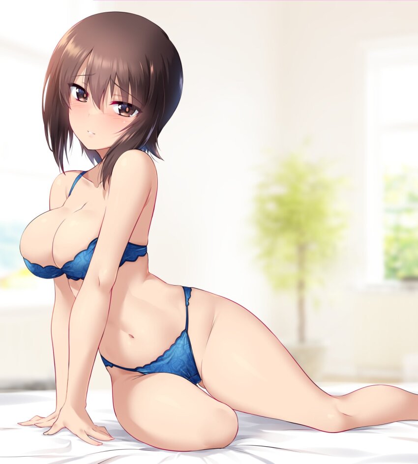 1girl arm_support bed black_eyes blue_bra blue_panties bra breasts brown_eyes cleavage feet_out_of_frame girls_und_panzer groin highres indoors kuzuryuu_kennosuke looking_at_viewer medium_breasts nishizumi_maho on_bed panties revision short_hair sitting solo tsurime underwear underwear_only yokozuwari