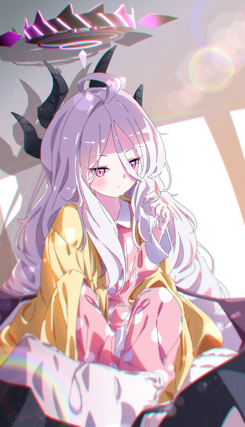 1girl absurdres ahoge black_horns blue_archive blurry blush bokeh closed_mouth demon_girl demon_horns demon_wings depth_of_field halo highres hina_(blue_archive) hina_(pajamas)_(blue_archive) horns indoors jacket light_particles long_hair long_sleeves low_wings multiple_horns official_alternate_costume open_clothes open_jacket pajamas parted_bangs pink_pajamas playing_with_hair playing_with_own_hair polka_dot polka_dot_pajamas purple_eyes purple_wings rainbow rizuaki signature solo sunlight twirling_hair very_long_hair wings yellow_jacket
