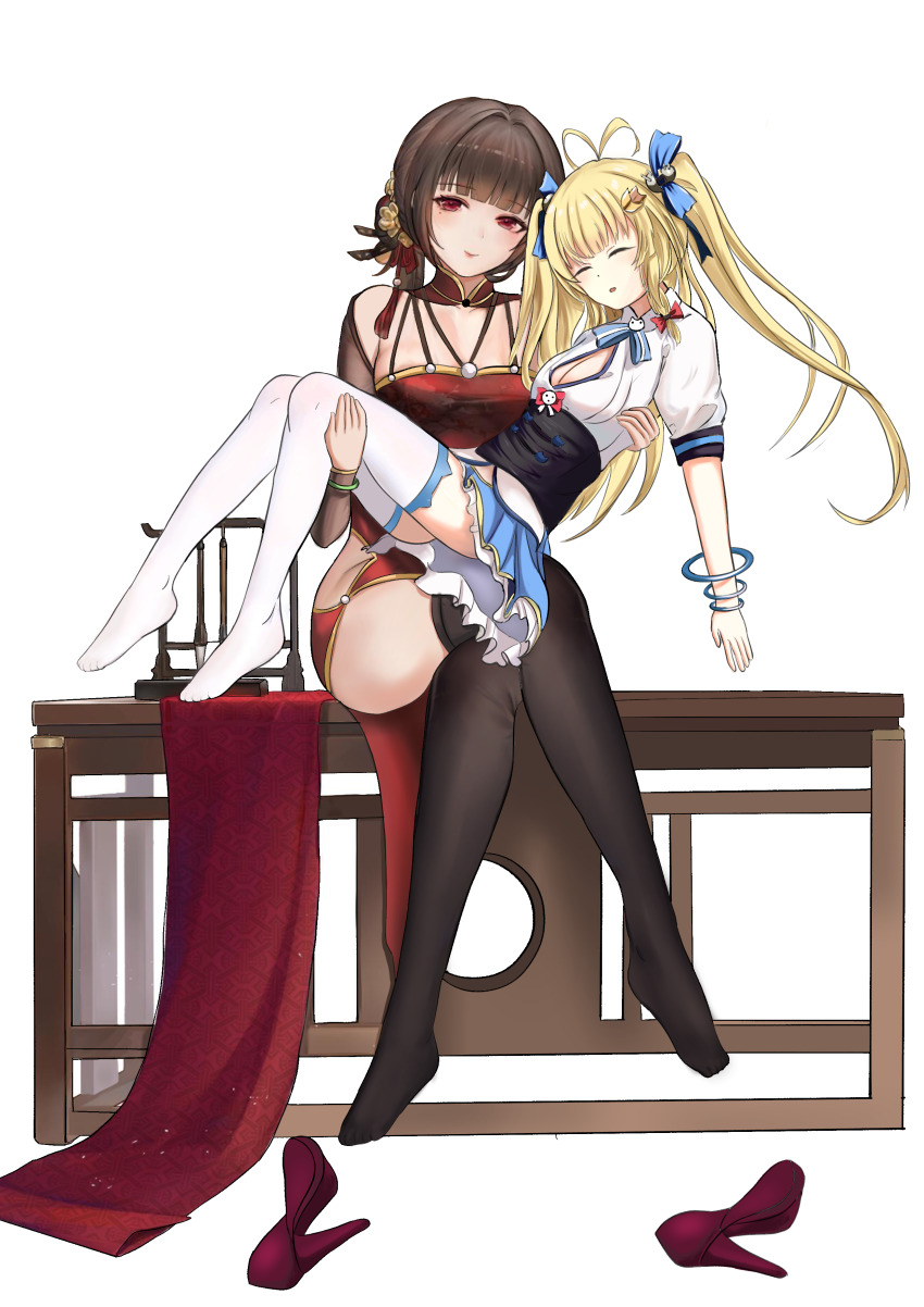 2girls absurdres black_hair black_legwear blonde_hair blue_skirt breasts carrying china_dress chinese_clothes cleavage_cutout clothing_cutout detached_sleeves dress frilled_skirt frills high_heels highres large_breasts miniskirt mole mole_under_eye multiple_girls petal_house princess_carry red_dress red_footwear shirt shoes unworn_shoes short_sleeves skirt small_breasts thighhighs twintails warship_girls_r white_legwear white_shirt yat_sen_(warship_girls_r)