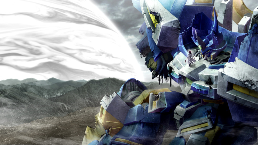 1boy armor blowing blue_armor cloud crack damaged energy_barrier game_cg grey_sky highres looking_away mecha mountain neo_granzon robot shuu_shirakawa sitting size_difference sky super_robot_wars super_robot_wars_og_saga_masou_kishin_f_coffin_of_the_end super_robot_wars_original_generation super_robot_wars_the_lord_of_elemental