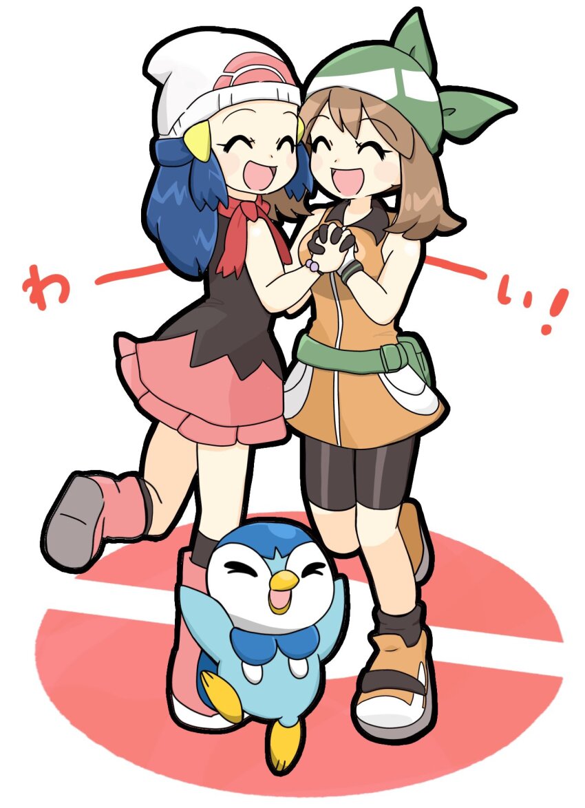 2girls bandana bike_shorts black_shirt black_shorts blue_hair brown_hair closed_mouth commentary_request creatures_(company) dawn_(pokemon) fanny_pack full_body game_freak gen_4_pokemon gloves green_bandana hair_ornament hairclip hat highres holding_hands interlocked_fingers long_hair may_(pokemon) multiple_girls nintendo open_mouth orange_shirt orange_shoes pink_shoes pink_skirt piplup poke_ball_symbol pokemon pokemon_(anime) pokemon_(creature) pokemon_dppt_(anime) red_scarf scarf shirt shoes short_hair shorts skirt sleeveless sleeveless_shirt standing standing_on_one_leg white_background white_hat xrqu2xk8qb47501