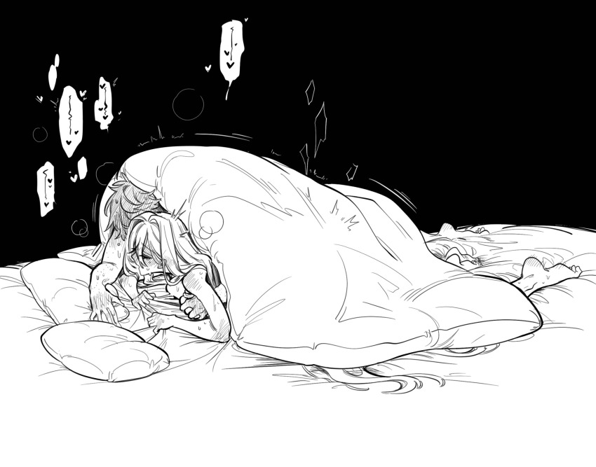 1boy 1girl blush dark degrees_of_lewdity dollyadayo feet full-body_blush grabbing_another&#039;s_breast greyscale groping heart hetero highres indoors long_hair monochrome night on_bed pillow player_character_(degrees_of_lewdity) player_character_(female)_(degrees_of_lewdity) robin_(degrees_of_lewdity) robin_(male)_(degrees_of_lewdity) sex short_hair spoken_heart under_covers