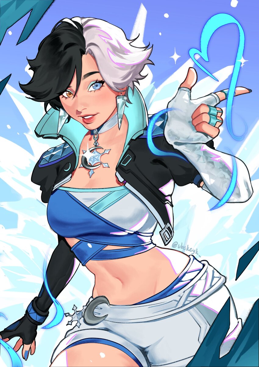 1girl absurdres black_hair black_jacket blue_eyes breasts choker crop_top fingerless_gloves gloves heterochromia highres ice jacket looking_at_viewer luna_snow marvel marvel_rivals multicolored_hair navel short_hair shorts smile solo split-color_hair two-tone_hair ubekeyk white_hair