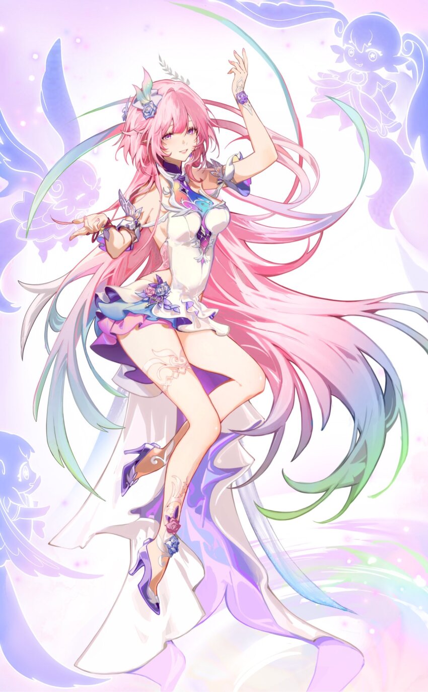 1girl arm_up armlet bare_legs bare_shoulders breasts commentary cyrene_(honkai:_star_rail) cyrene_(ripples_of_past_reverie)_(honkai:_star_rail) dress english_commentary flower full_body gradient_hair hair_flower hair_ornament high_heels highres honkai:_star_rail honkai_(series) jewelry legs long_hair looking_at_viewer medium_breasts mem_(honkai:_star_rail) multicolored_hair nevercrymoon parted_lips pink_hair pointy_ears purple_eyes purple_flower purple_rose purple_shoes rose shoes sidelocks smile solo very_long_hair white_dress