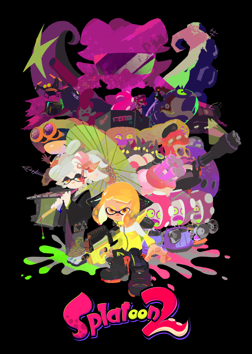 1boy 4girls absurdres agent_4_(splatoon) black_background black_footwear black_gloves black_haori black_pants black_shirt black_shorts blunt_bangs boots bow-shaped_hair callie_(octo_idol_outfit)_(splatoon) callie_(splatoon) closed_mouth copyright_name crop_top earrings food-themed_hair_ornament gloves goggles green_umbrella grey_hair grey_kimono gun hair_ornament haori headphones hero_shot_(splatoon_2) highres holding holding_umbrella holding_weapon hood hood_down hooded_jacket incredibly_absurdres inkling inkling_girl inkling_player_character inoue_seita jacket japanese_clothes jewelry kimono logo long_sleeves looking_at_viewer marie_(kimono)_(splatoon) marie_(splatoon) multiple_girls nintendo octarian_(enemy) octo_samurai octoling octoling_player_character octotrooper official_art oil-paper_umbrella orange_eyes orange_hair pants photoshop_(medium) pointy_ears protected_link red_hair sandals second-party_source sheldon_(splatoon) shirt short_hair shorts simple_background splatoon_(series) splatoon_2 squidbeak_splatoon star-shaped_pupils star_(symbol) sunglasses symbol-shaped_pupils takozonesu tentacle_hair thick_eyebrows umbrella v-shaped_eyebrows weapon wide_sleeves yellow_eyes yellow_jacket