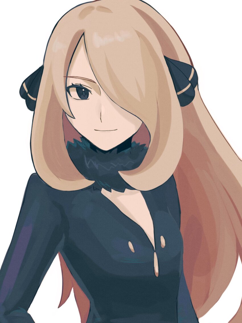 1girl black_coat blonde_hair breasts closed_mouth coat cynthia_(pokemon) fur_collar fur_trim grey_eyes hair_ornament hair_over_one_eye highres hiiro99522 long_hair long_sleeves looking_at_viewer nintendo pokemon pokemon_dppt simple_background small_breasts smile solo upper_body very_long_hair white_background