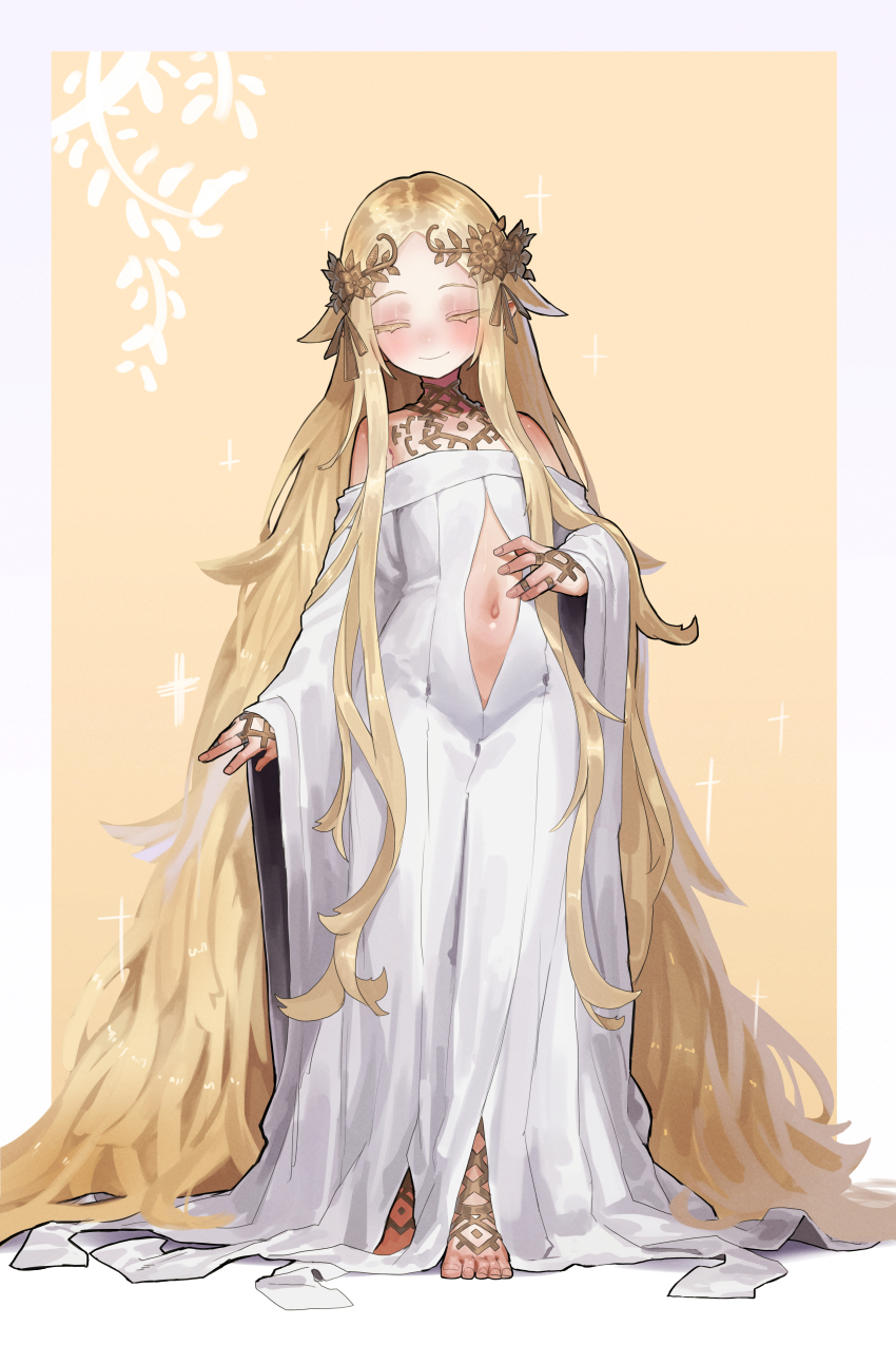1girl absurdly_long_hair absurdres barefoot blonde_hair breasts bridal_gauntlets closed_eyes clothing_cutout commentary_request dress ekrea_jan feet flat_chest hair_ornament head_wreath highres huge_filesize jewelry light_smile loli long_hair midriff navel navel_cutout original pointy_ears ring small_breasts standing tagme very_long_hair white_dress yellow_background