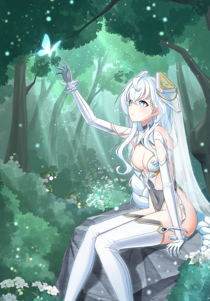 1girl absurdres arm_support bare_shoulders blue_eyes braid braided_ponytail breasts bug bush butterfly cleavage commentary counter:side crossed_bangs cy7989 dated_commentary elbow_gloves fireflies flower forest gloves glowing_butterfly gold_trim hair_between_eyes headgear hexagon_print highres honeycomb_(pattern) horizon_(counter:side) insect leotard light_particles lily_of_the_valley long_hair looking_ahead medium_breasts multicolored_leotard nature on_rock outdoors reaching rock sidelocks sitting solo symbol-only_commentary thighhighs thighs tree two-tone_leotard very_long_hair white_flower white_gloves white_hair white_thighhighs