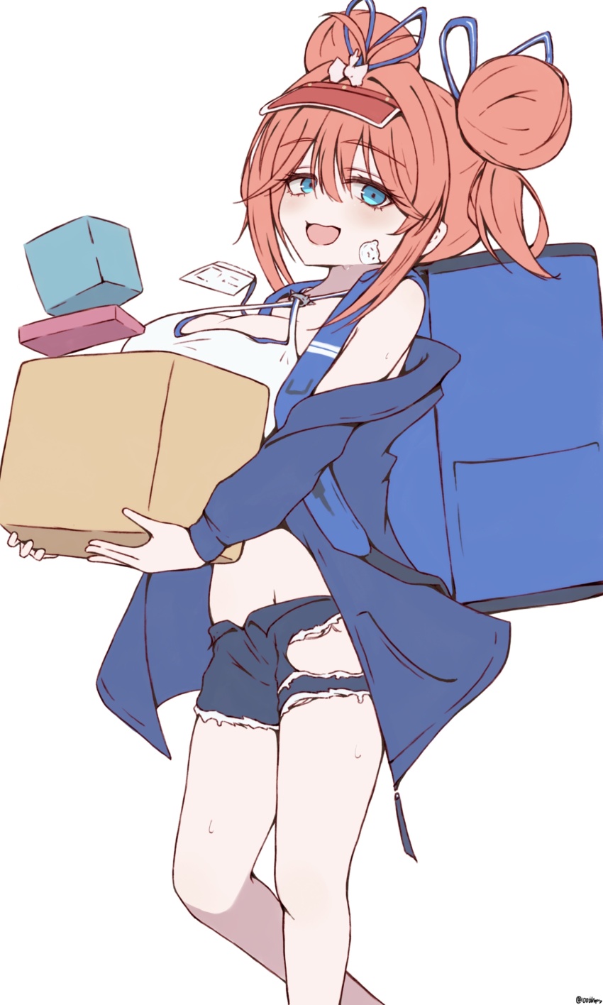 1006kbps 1girl :d absurdres aqua_eyes artist_name azur_lane blue_eyes blue_jacket blue_shorts box breasts criss-cross_halter denim denim_shorts double_bun gallant_(azur_lane) gallant_(express-ive_delivery)_(azur_lane) hair_between_eyes hair_bun halterneck highres holding holding_box id_card insulated_delivery_bag jacket large_breasts light_blush looking_at_viewer official_alternate_costume open_mouth pink_hair short_shorts shorts signature simple_background smile solo sweat torn_clothes torn_shorts visor_cap white_background